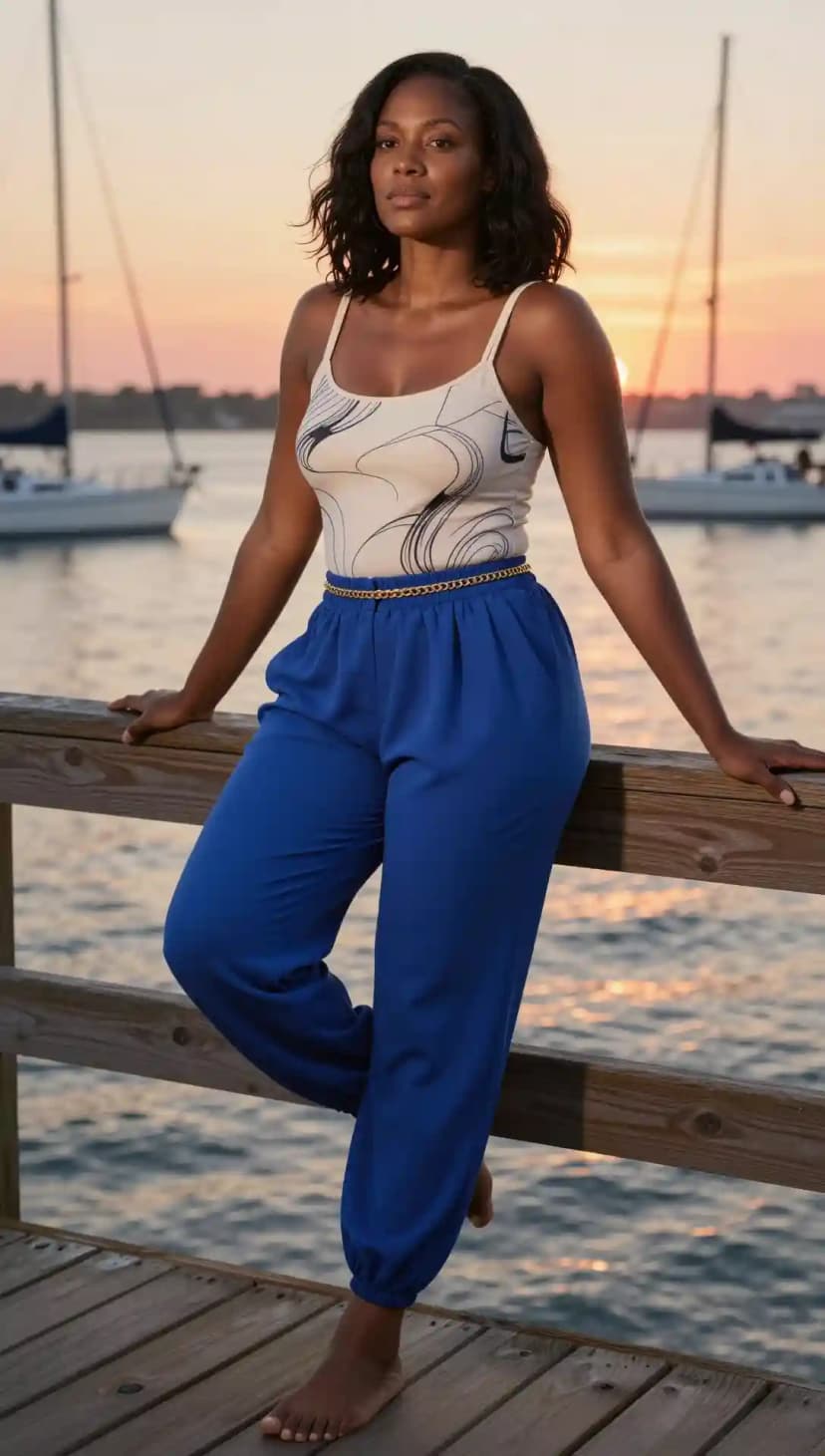 Patterned Tank Top + Royal Blue Joggers + Gold Chain Belt