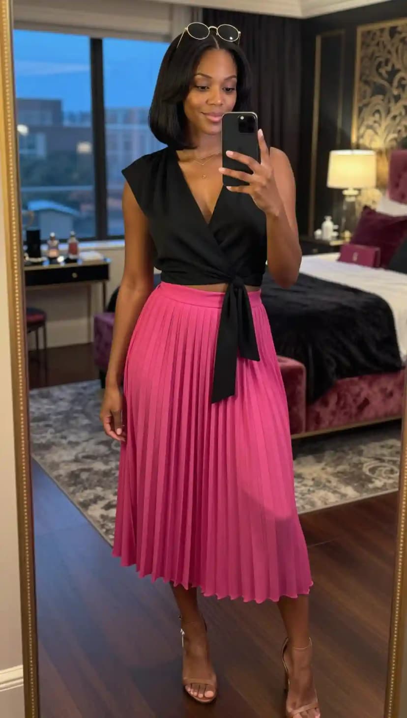 Black Wrap Top + Pink Pleated Midi Skirt