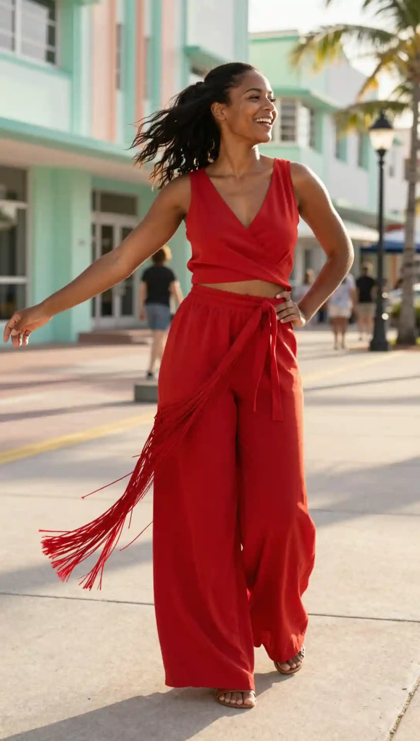 Red Wrap Crop Top + Red Wide Leg Pants with Fringe