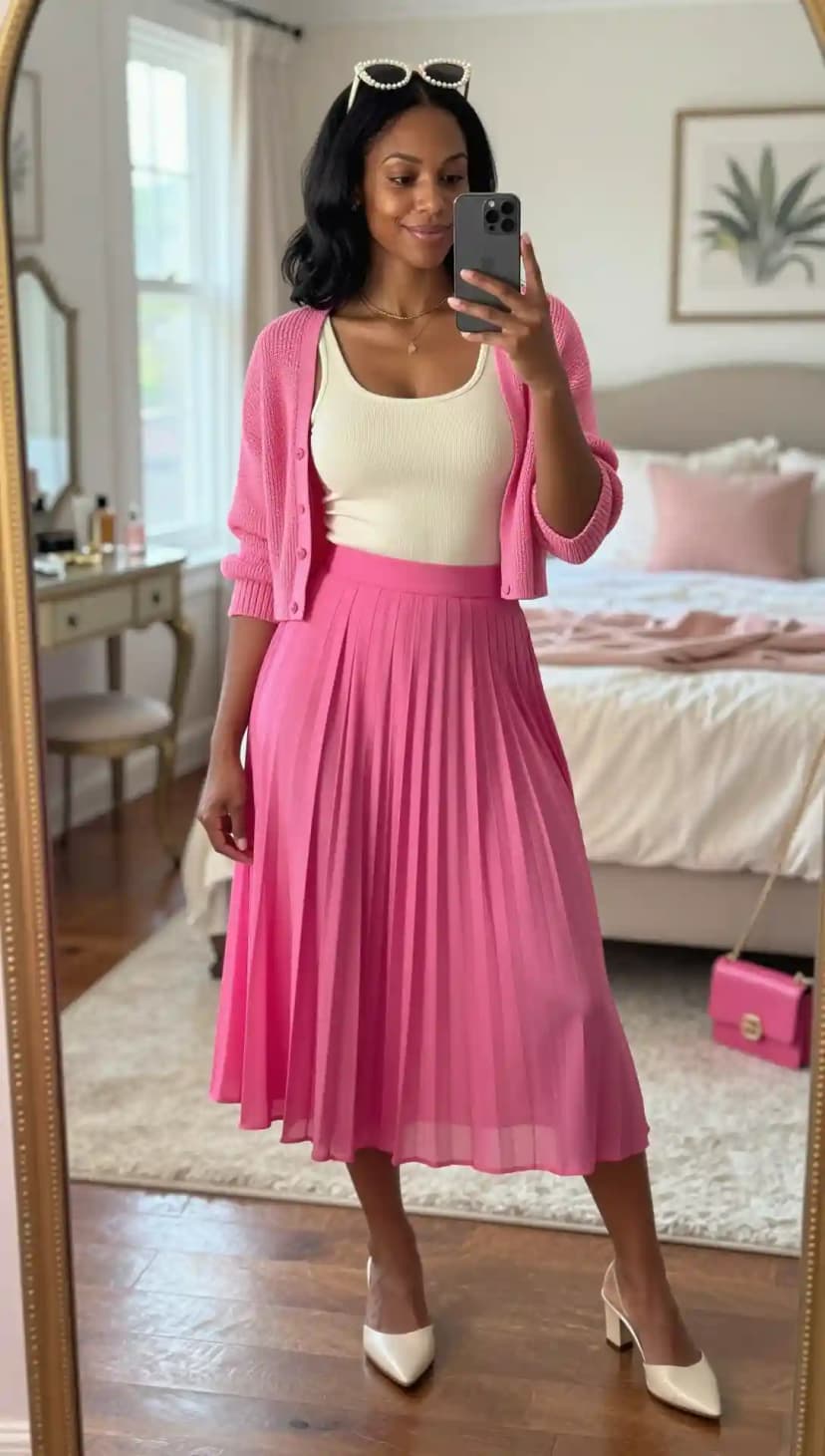 Pink Pleated Midi Skirt + Cream Ribbed Tank Top + Pink Cardigan