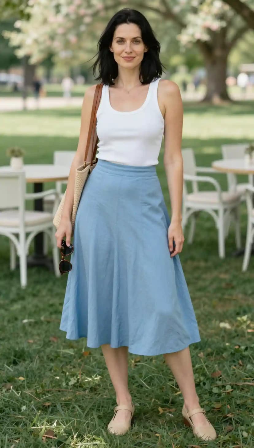 White Ribbed Tank Top + Blue Midi Skirt + Tan Mary Jane Flats