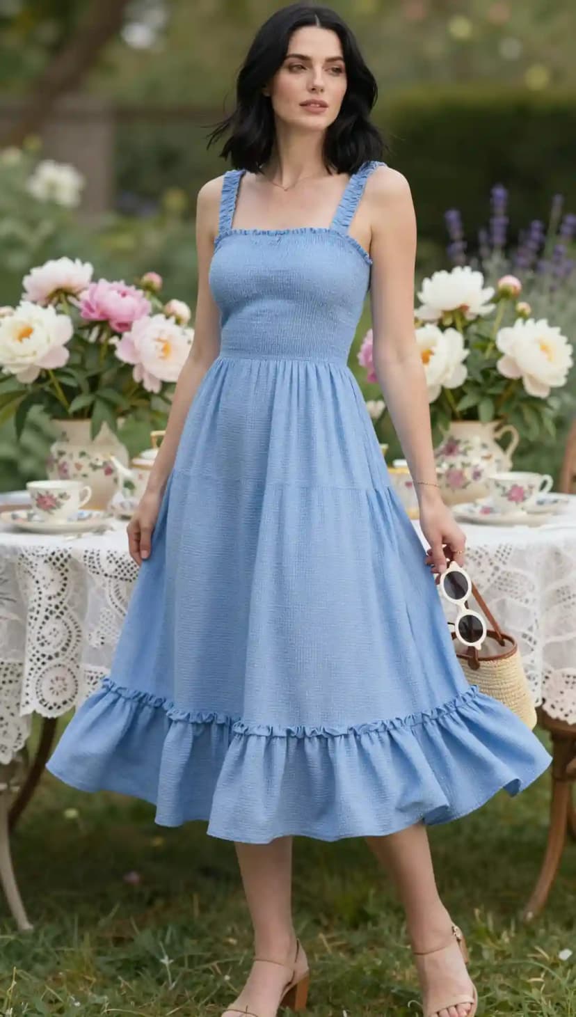 Light Blue Smocked Midi Dress + Tan Block Heels + Woven Tote Bag