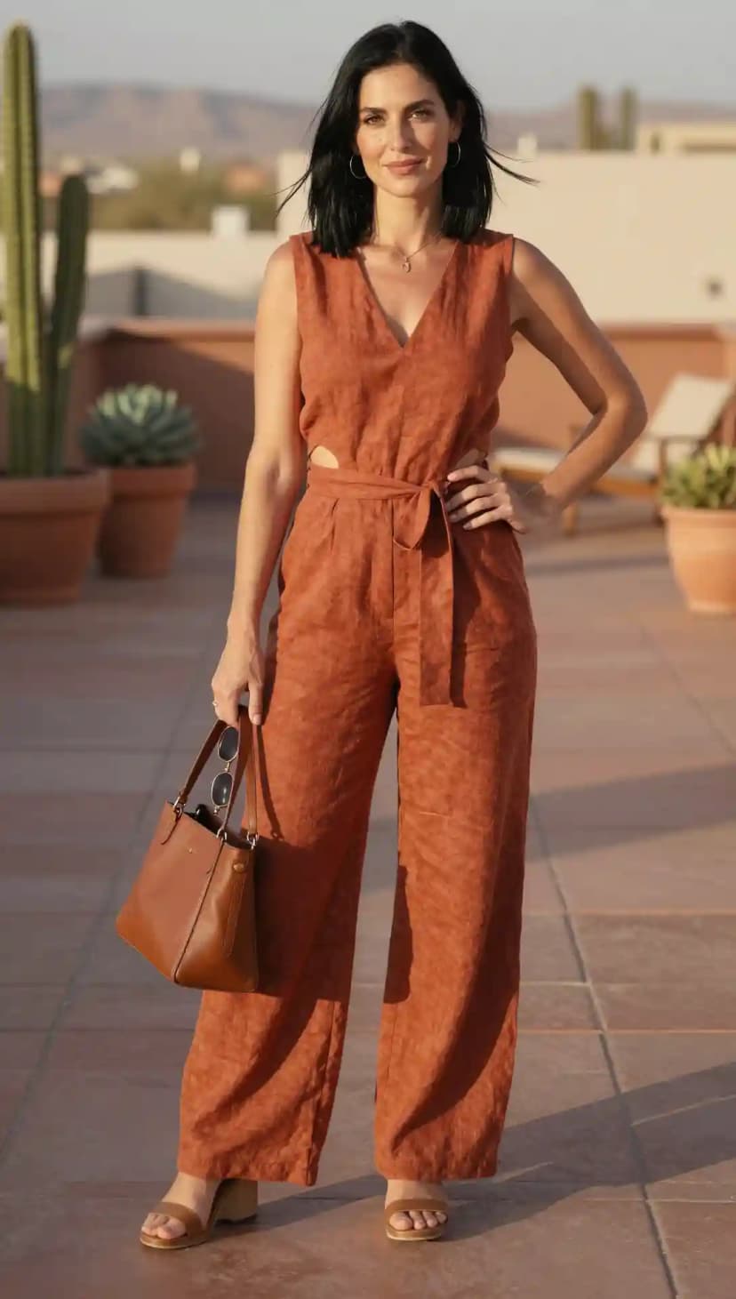 Rust Linen Jumpsuit + Brown Leather Tote + Wedge Sandals
