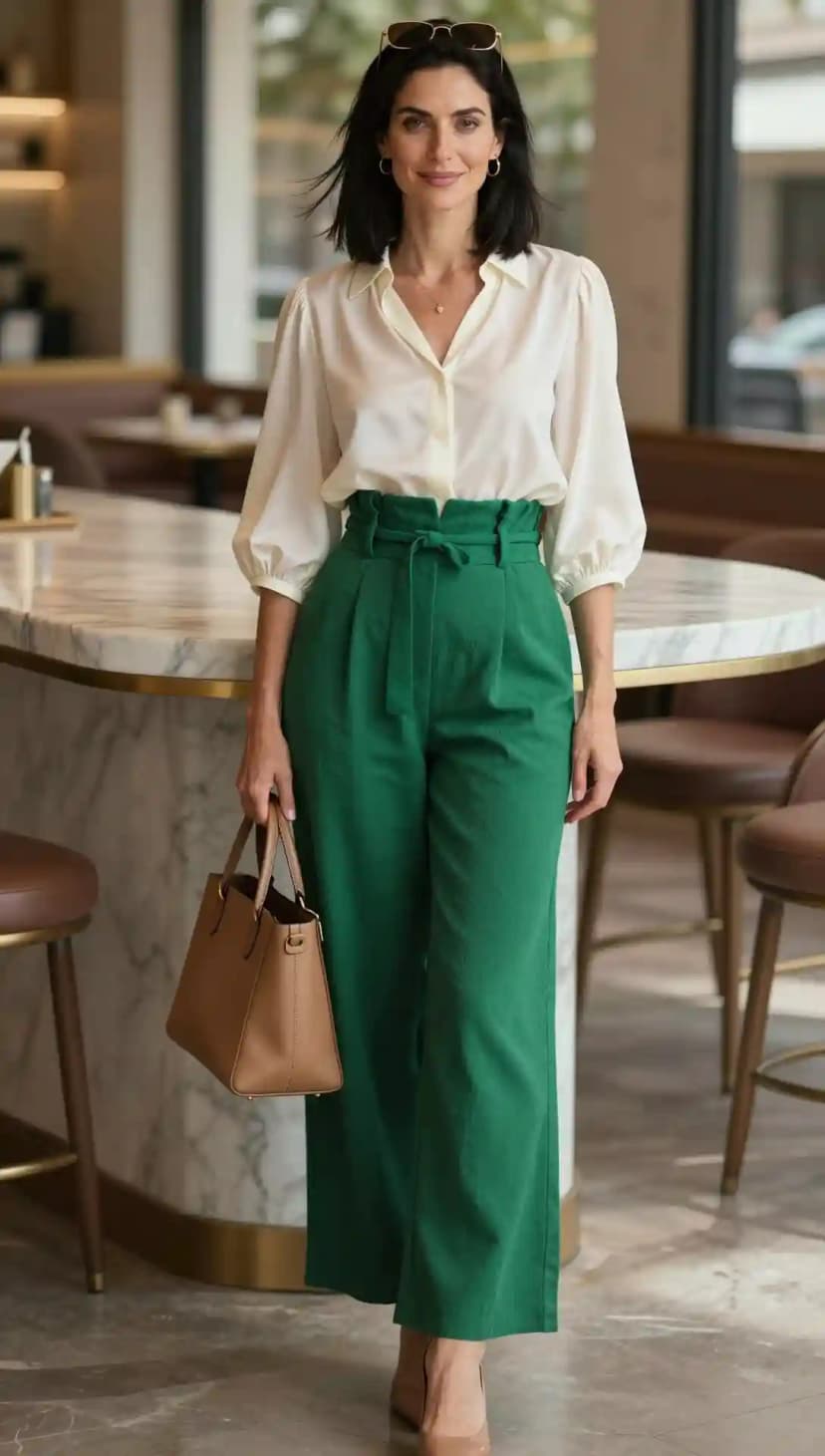 Cream Puff Sleeve Blouse + High-Waisted Emerald Green Wide-Leg Pants
