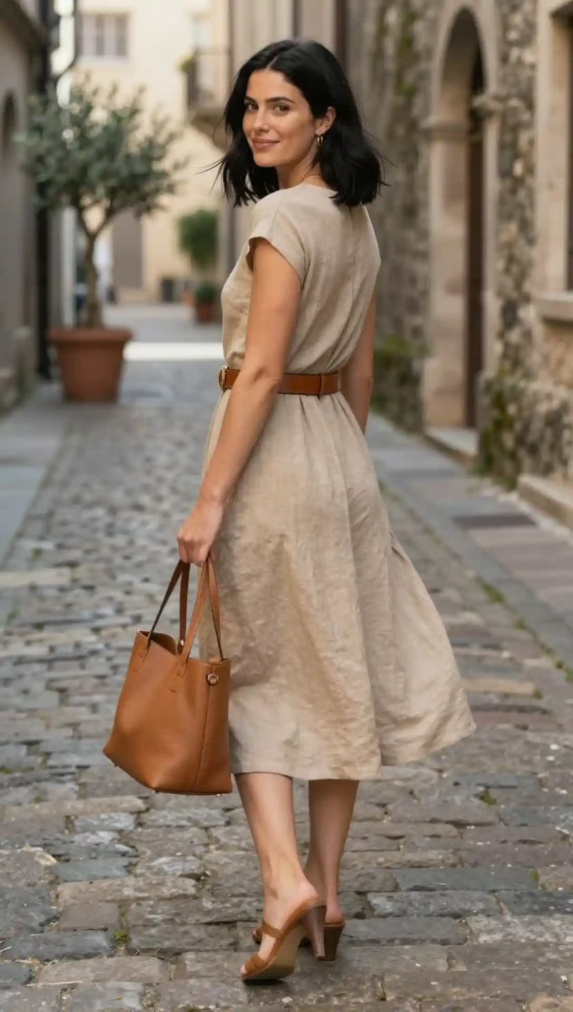Beige Linen Dress + Brown Leather Belt + Brown Leather Tote Bag + Brown Heeled Mules