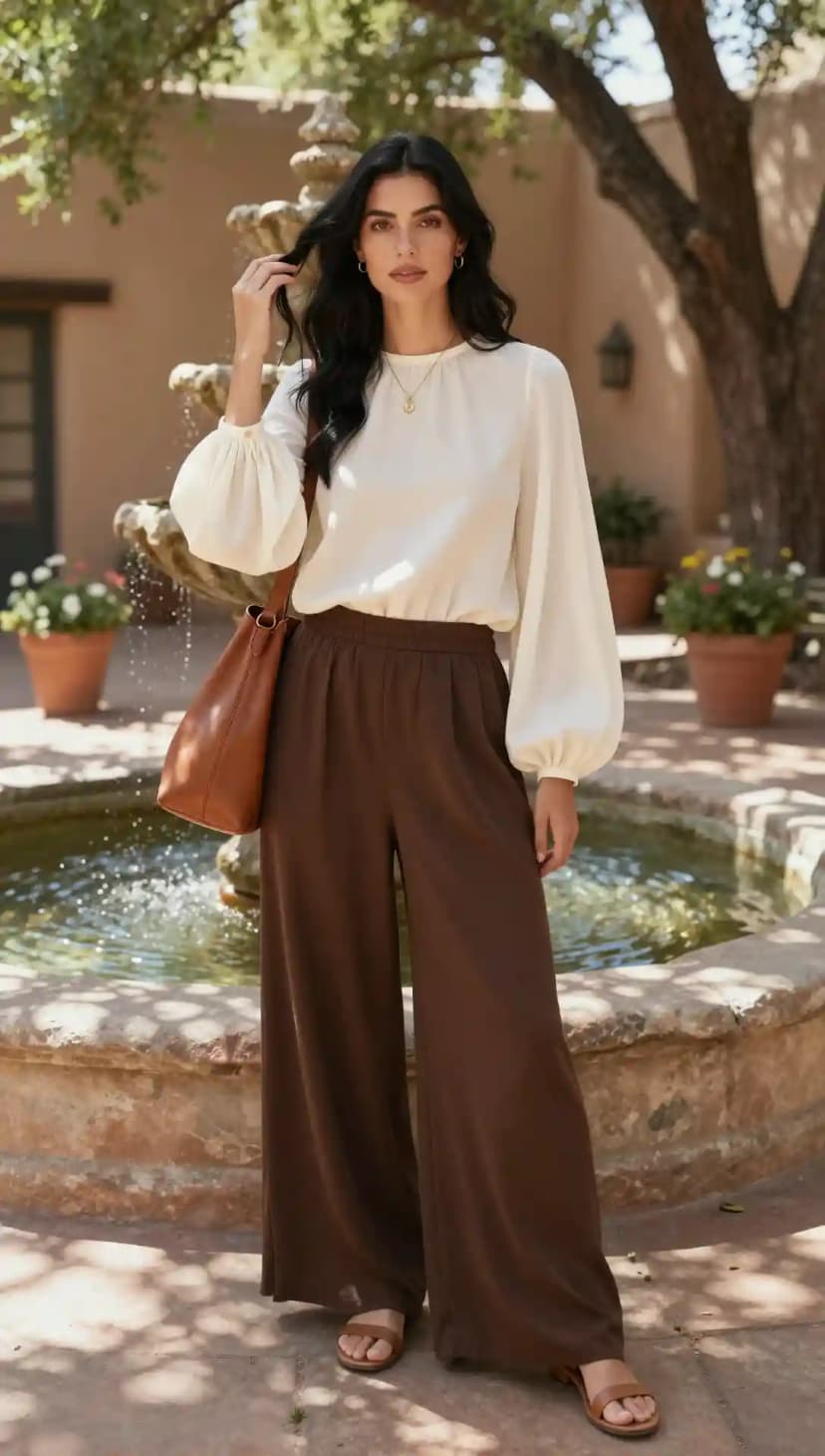 Cream Balloon Sleeve Top + Brown Wide Leg Pants