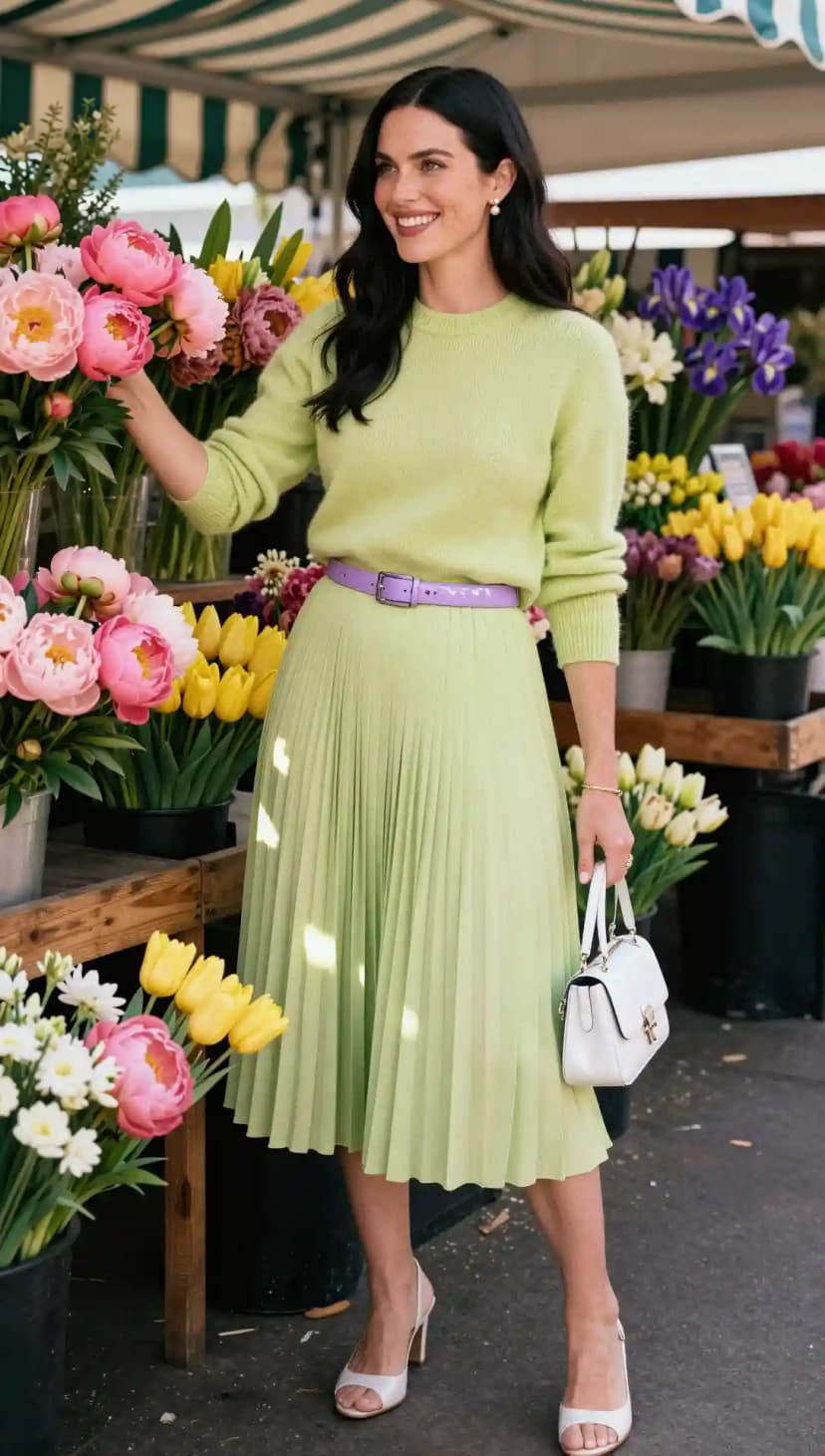Lime Green Sweater + Pleated Midi Skirt + Lavender Belt