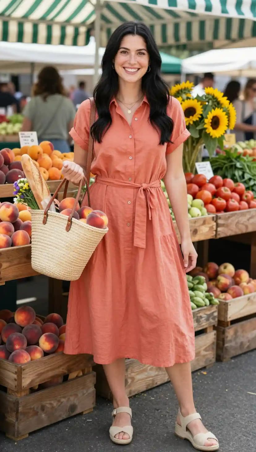 Coral Button-Down Midi Dress + Espadrille Wedge Sandals + Straw Tote Bag