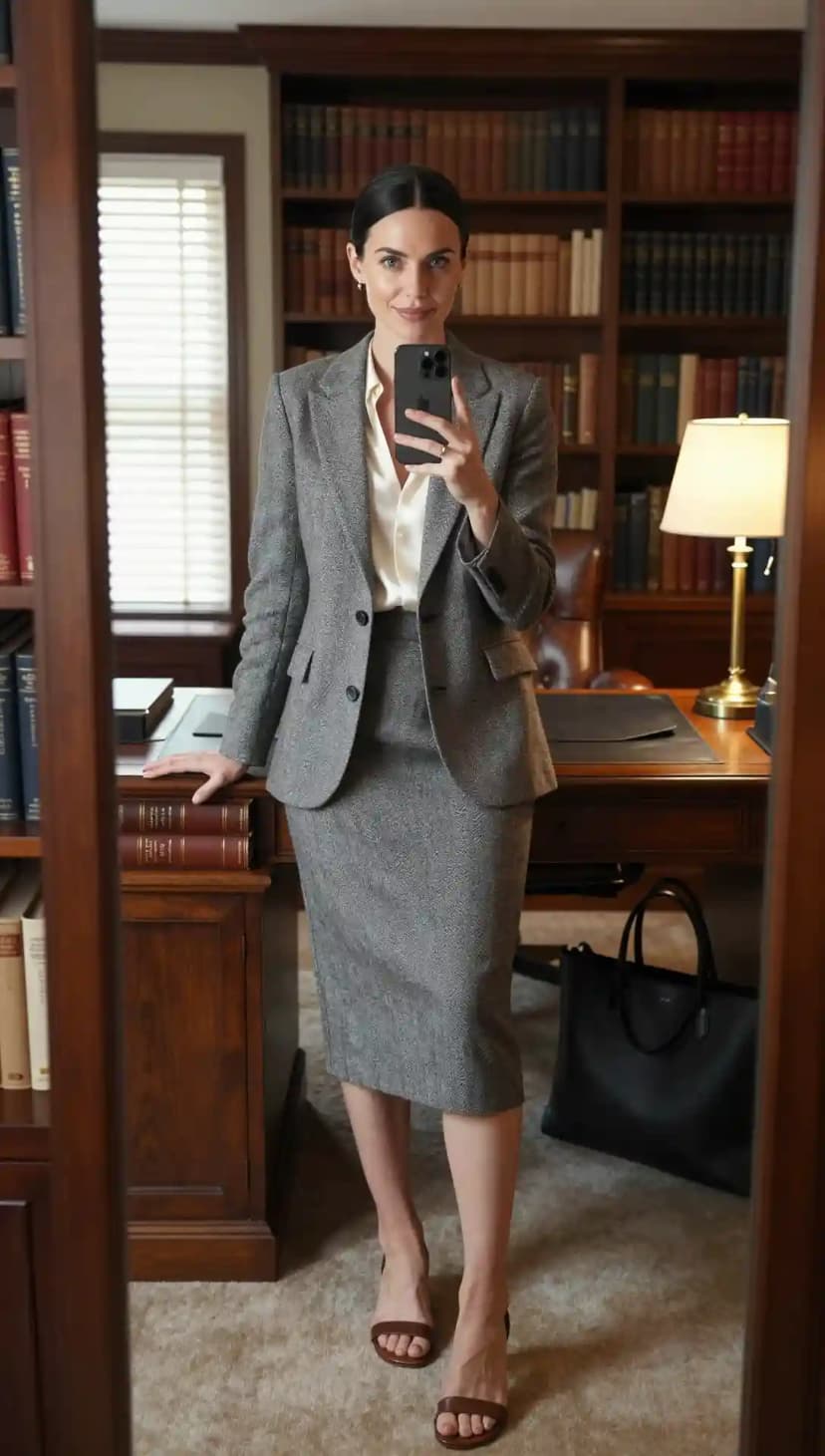 Grey Herringbone Blazer + Grey Pencil Skirt + Cream Silk Blouse