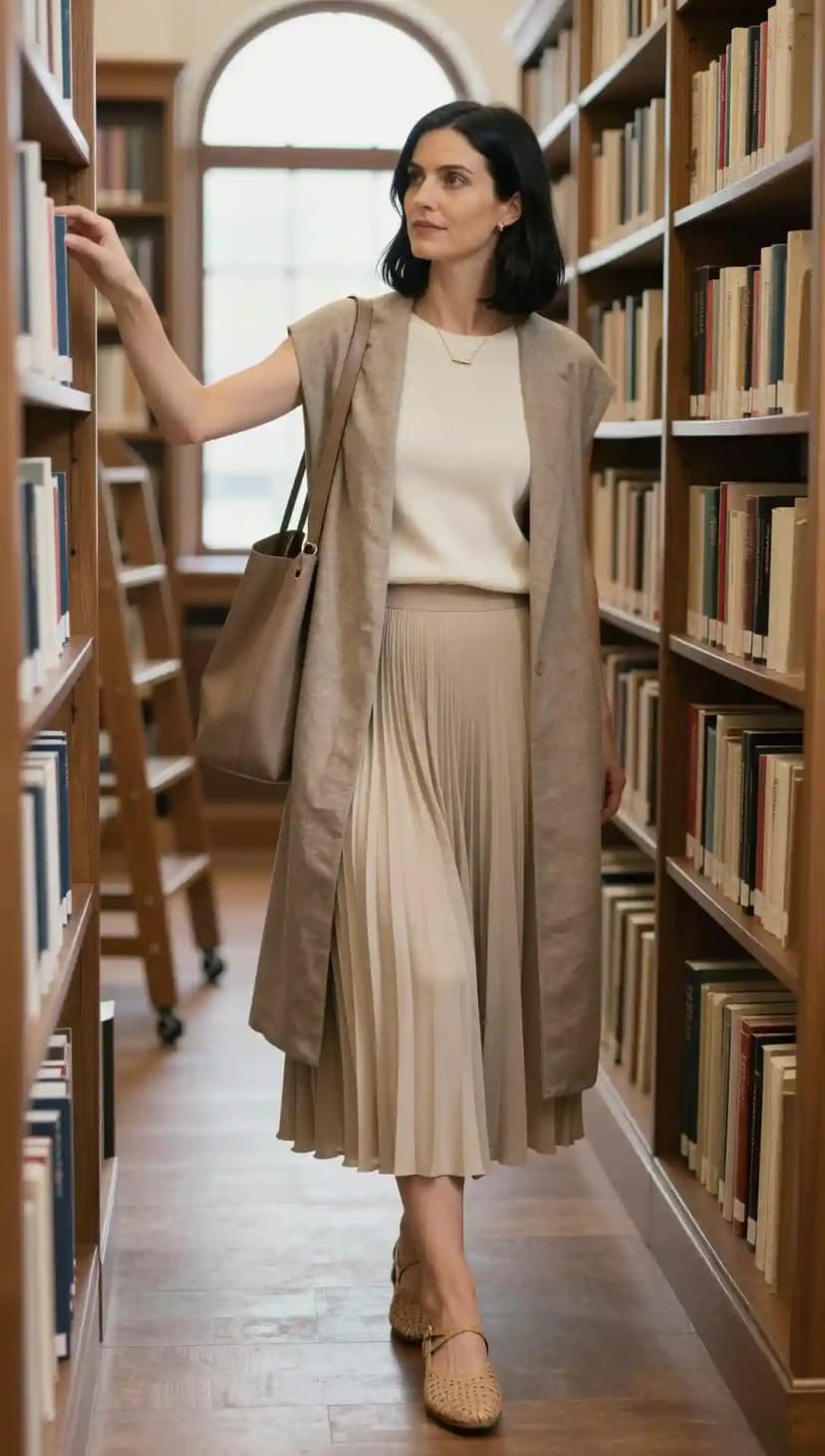 Beige Sleeveless Vest + Cream Ribbed Tank Top + Pleated Midi Skirt + Woven Flats