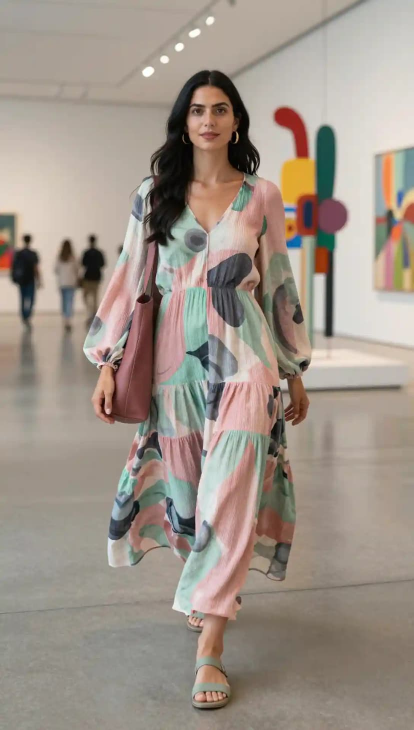 Abstract Print Maxi Dress + Block Heel Sandals + Tote Bag