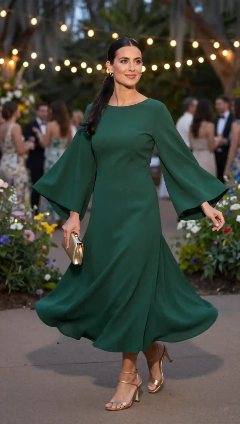 Emerald Green Bell Sleeve Midi Dress + Gold Strappy Heels + Gold Clutch