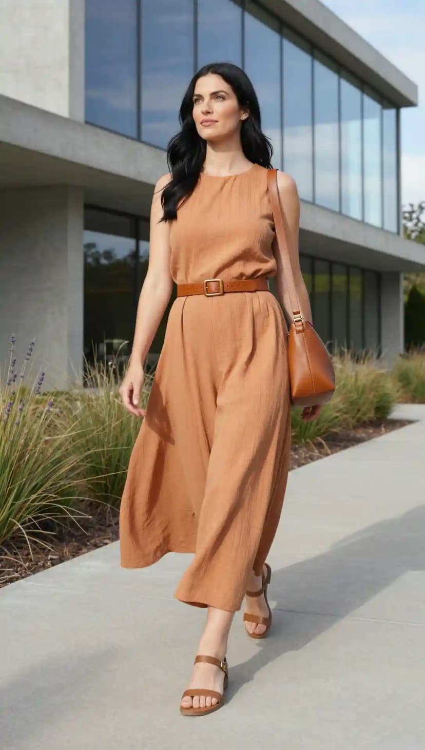 Rust Gauze Jumpsuit + Brown Leather Belt + Brown Leather Shoulder Bag + Brown Flat Sandals
