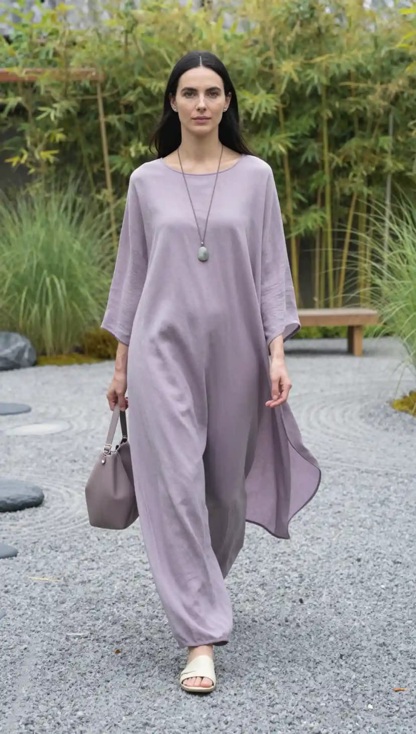 Lavender Linen Maxi Dress + Grey Pebble Necklace + Taupe Bucket Bag