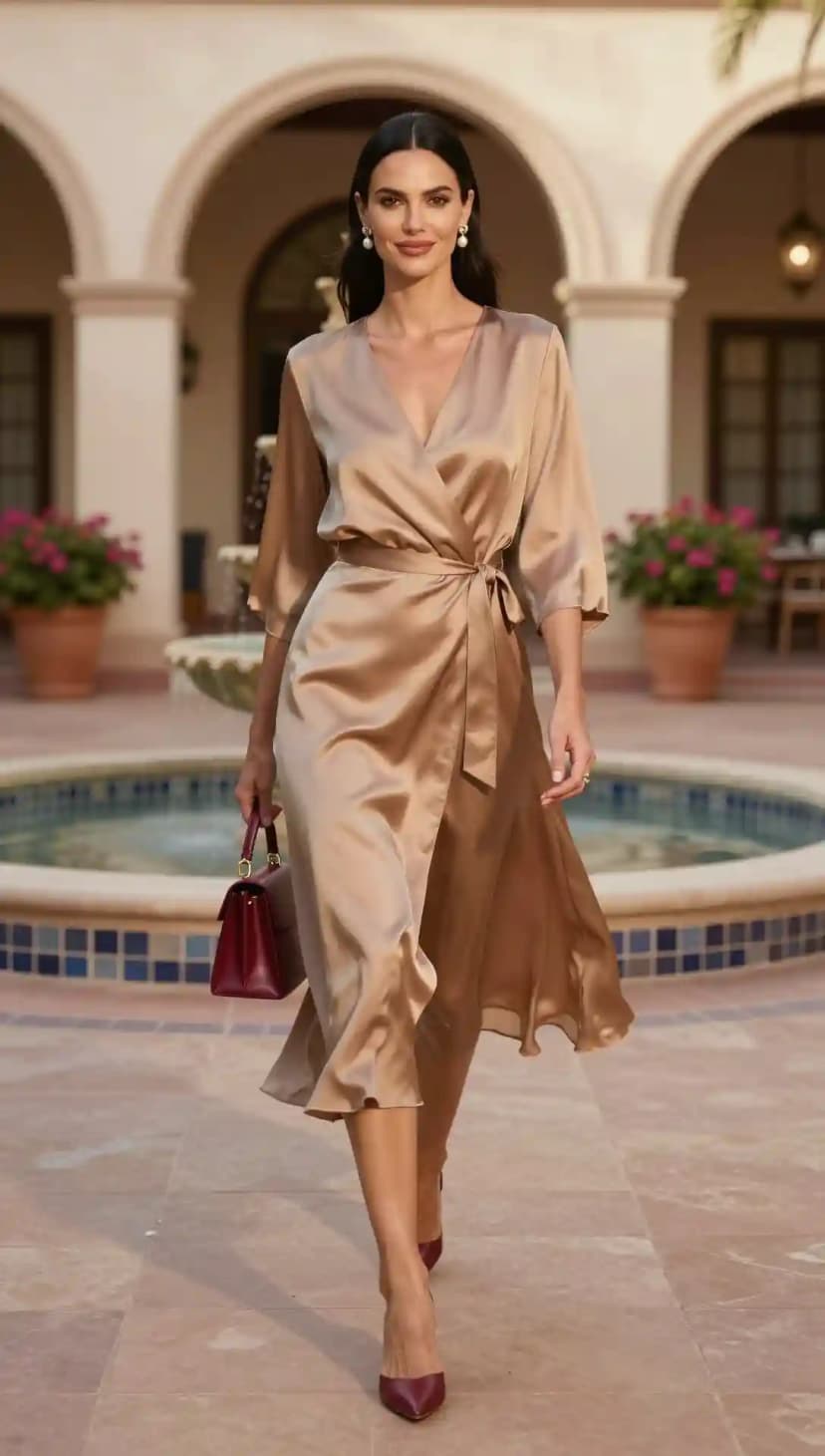 Champagne Satin Wrap Dress + Burgundy Heels + Burgundy Top-Handle Bag