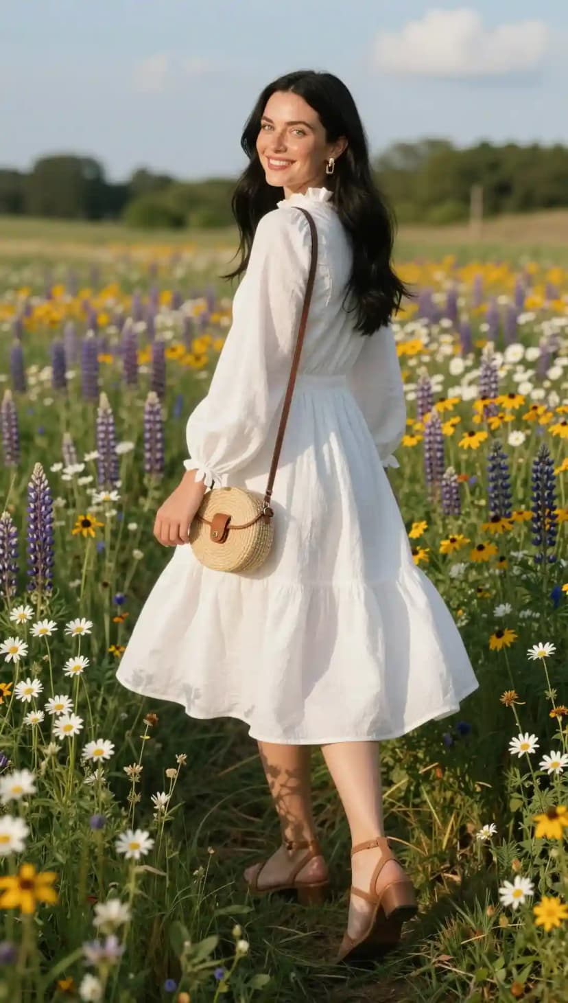 White Tiered Midi Dress + Woven Circle Bag + Tan Block Heel Sandals