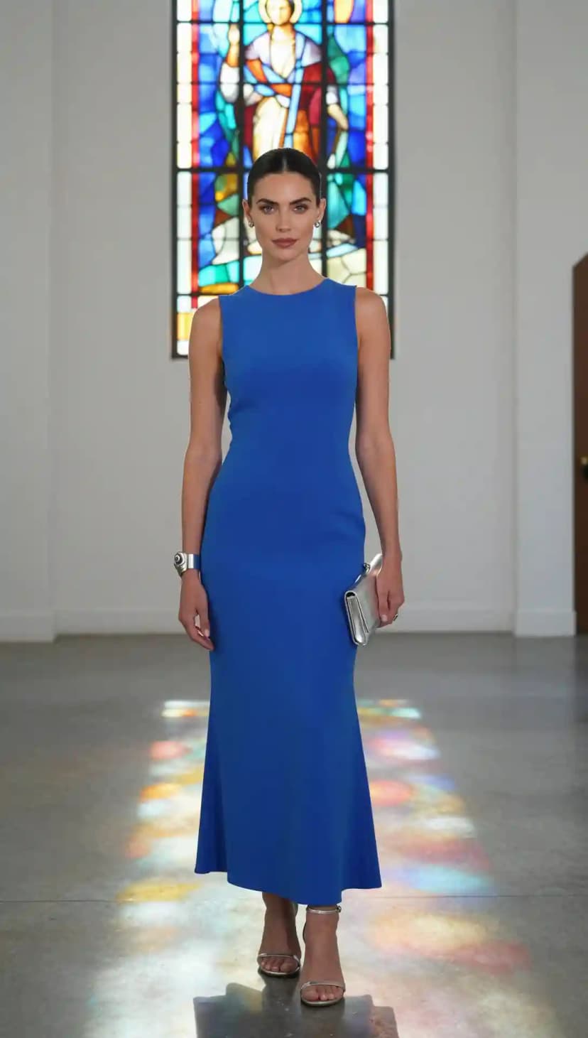 Royal Blue Sleeveless Maxi Dress + Silver Clutch + Silver Strappy Heels