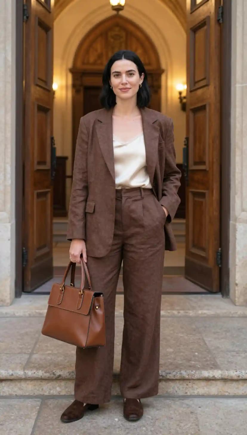 Brown Linen Suit + Cream Cami + Brown Leather Tote