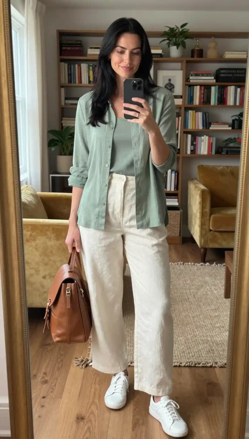 Sage Green Button-Up Shirt + Sage Green Tank Top + Cream Wide-Leg Pants + White Sneakers