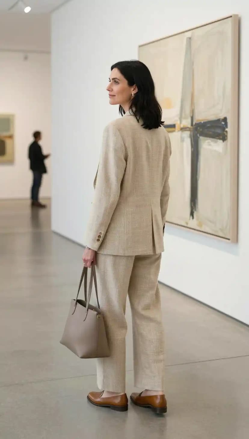 Beige Linen Suit + Brown Loafers + Taupe Tote Bag