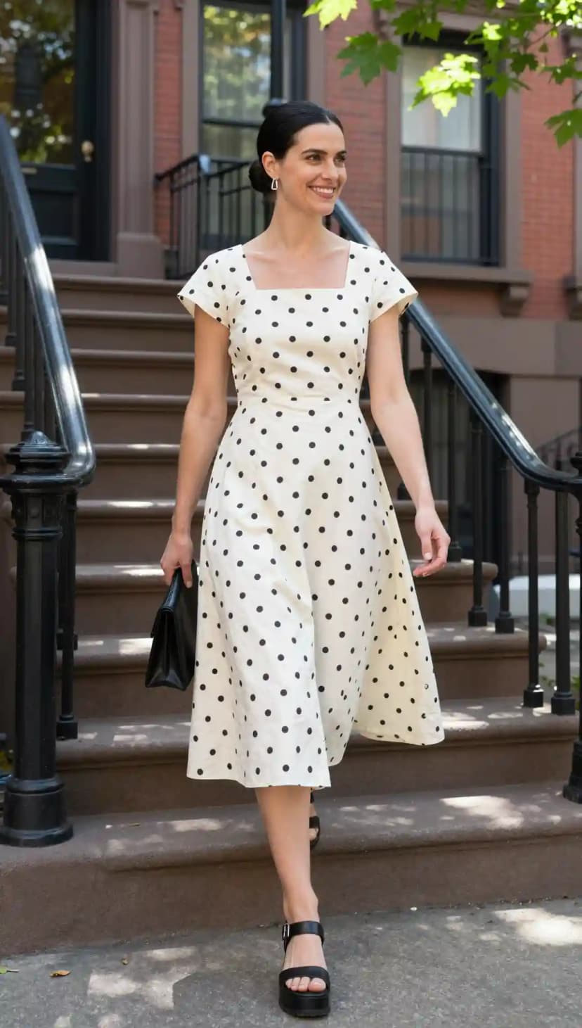 Cream Polka Dot Square Neck Dress + Black Platform Sandals + Black Clutch