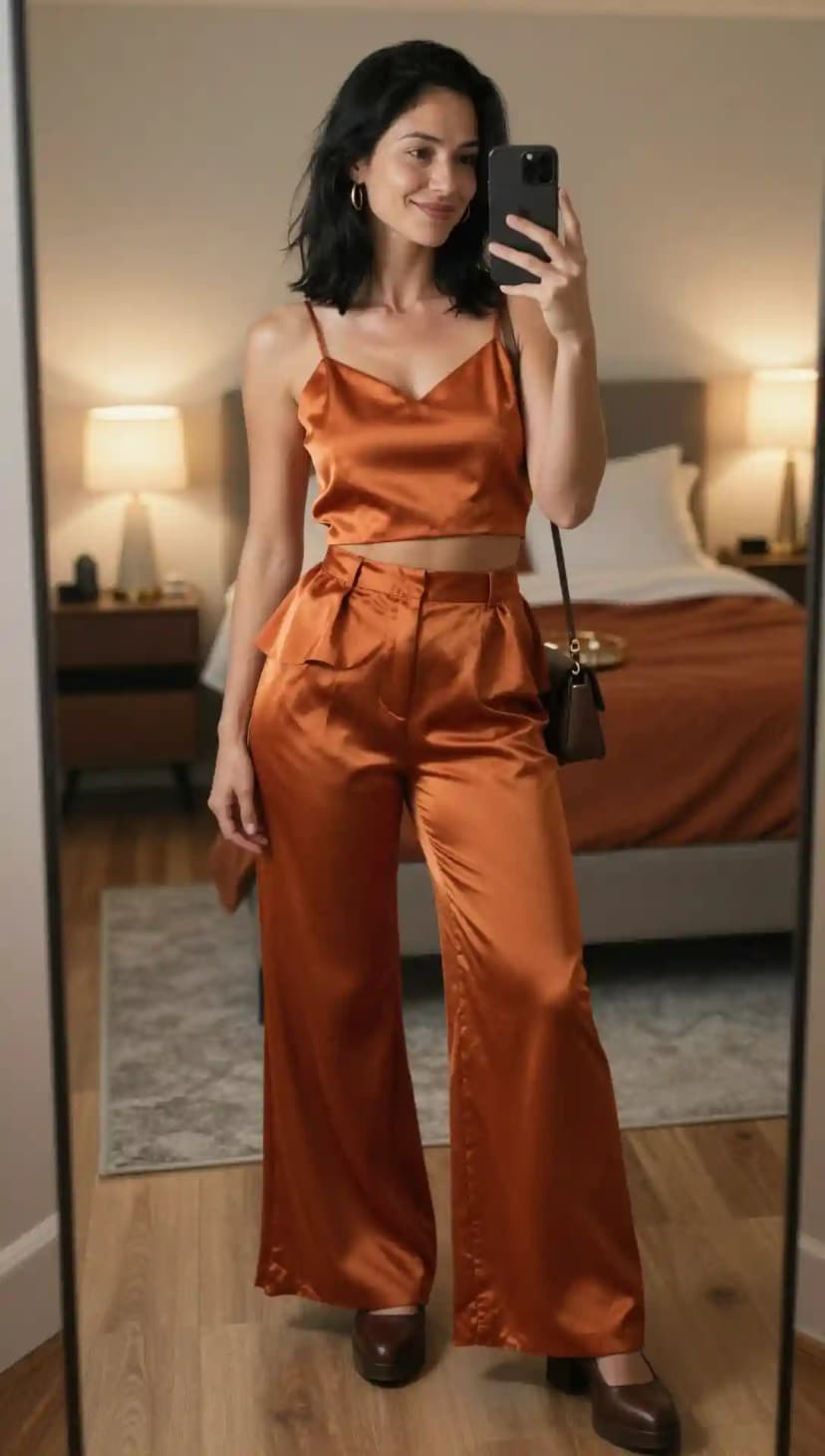 Orange Satin Crop Top + Orange Wide-Leg Satin Pants + Brown Platform Heels