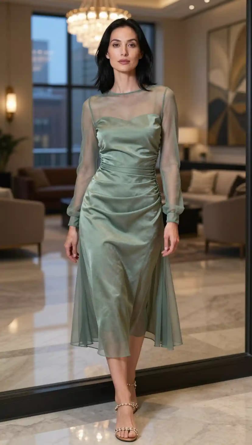 Sage Green Ruched Midi Dress + Sheer Sleeves