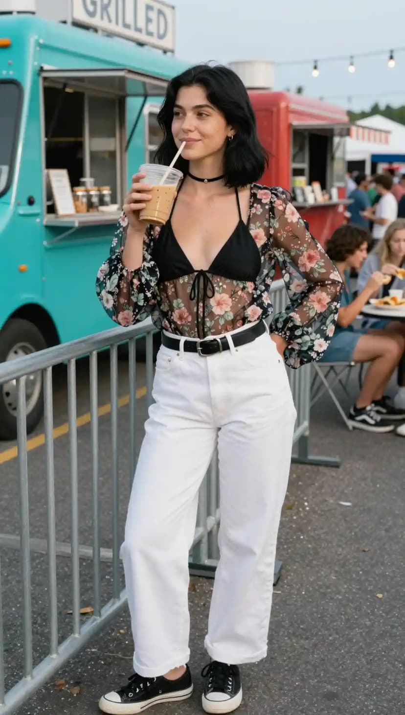 Floral Sheer Top + Black Bikini Top + White Wide-Leg Jeans + Black Belt + Black Converse