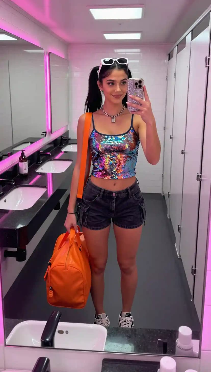 Sequin Halter Top + Cargo Shorts + White Sneakers