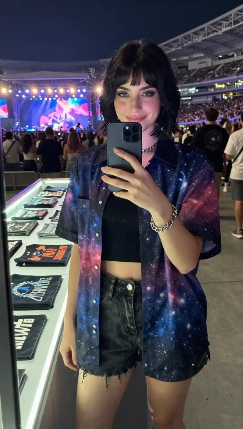 Galaxy Print Shirt + Black Crop Top + Denim Shorts