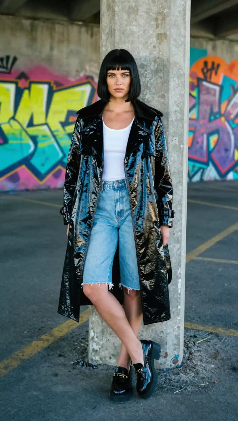 Black Patent Trench Coat + White Ribbed Tank Top + Light Wash Denim Bermuda Shorts