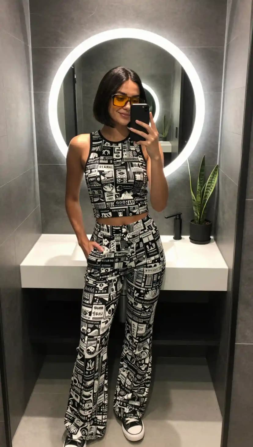 Black and White Graphic Print Crop Top + Matching Flare Pants