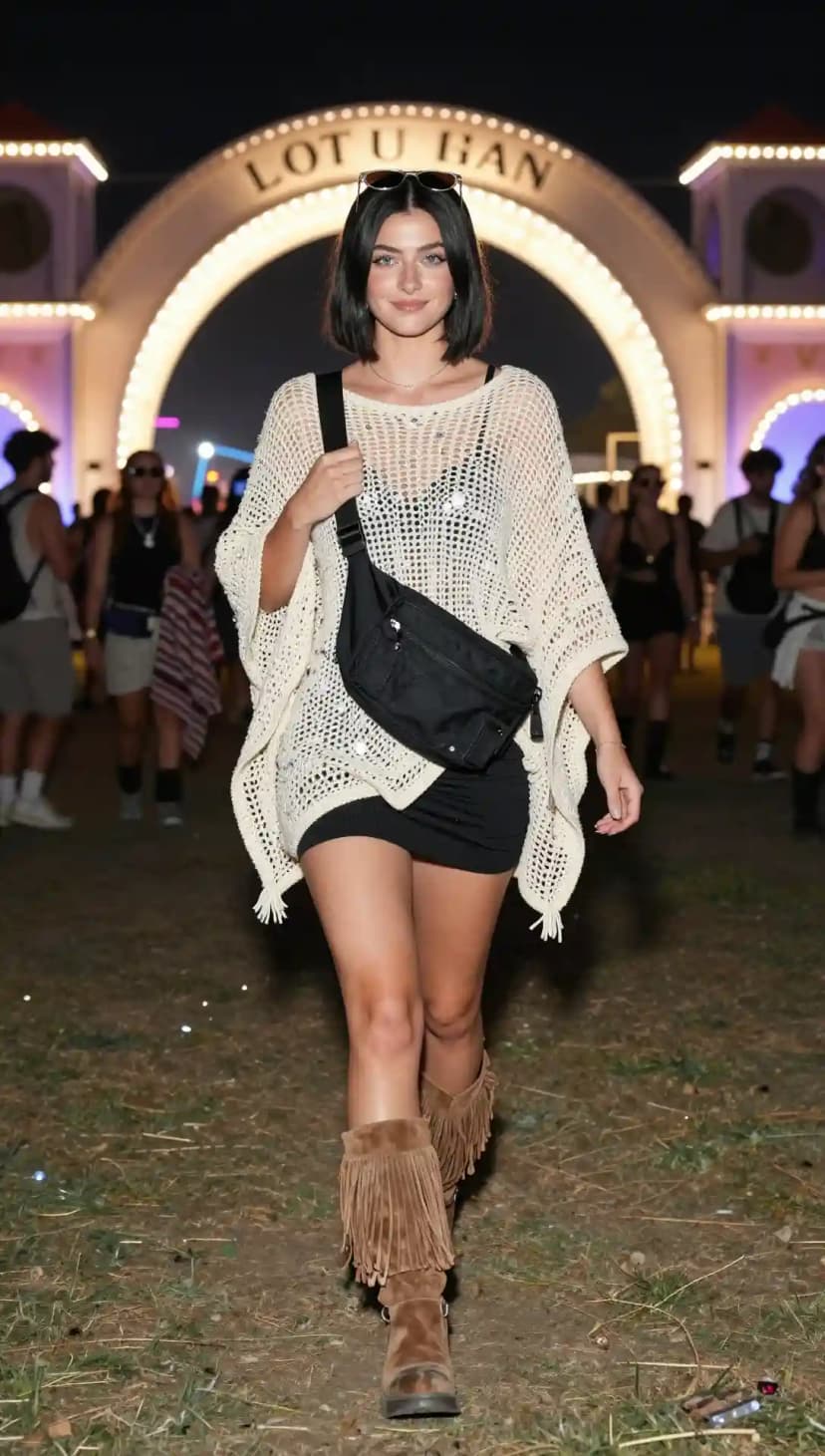 Cream Crochet Poncho + Black Mini Dress + Fringed Boots
