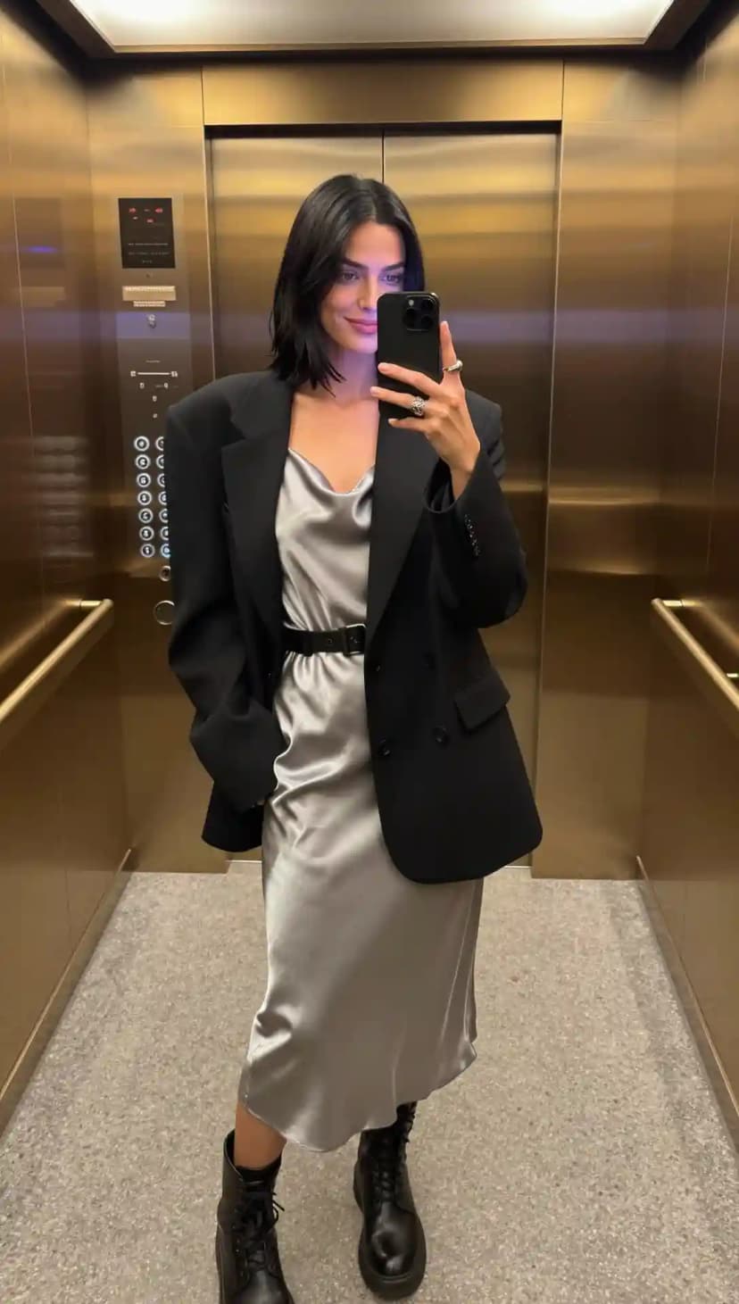 Black Oversized Blazer + Silver Slip Dress + Black Combat Boots