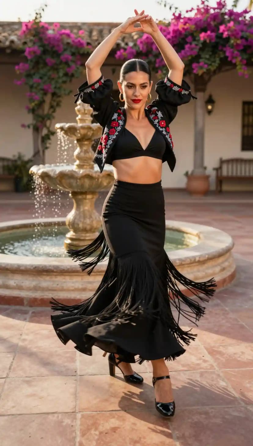 Black Embroidered Jacket + Black Bikini Top + Black Fringed Maxi Skirt
