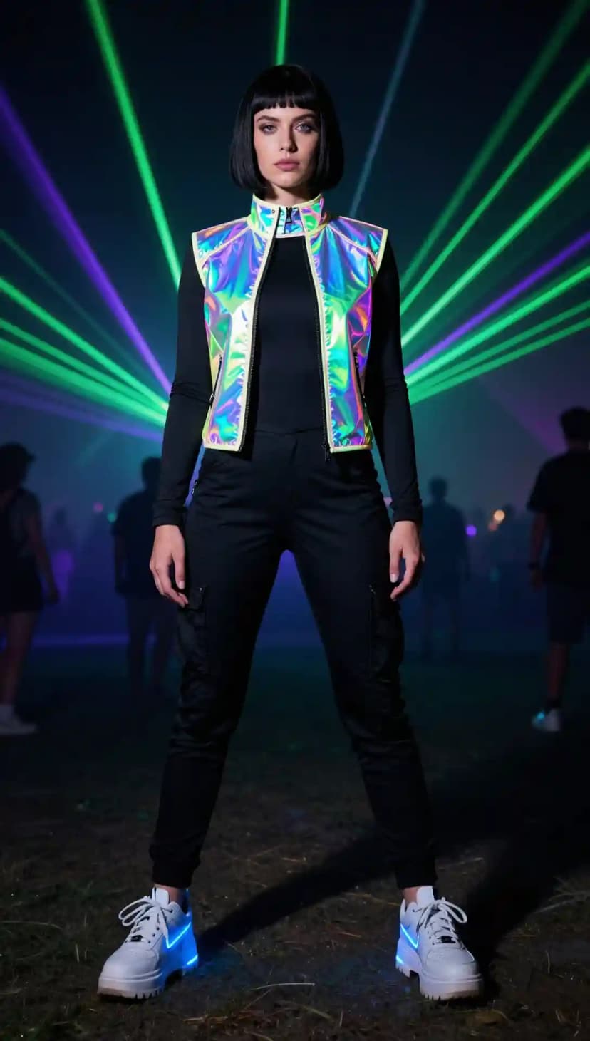 Iridescent Vest + Black Long Sleeve Top + Black Cargo Pants + White Chunky Sneakers