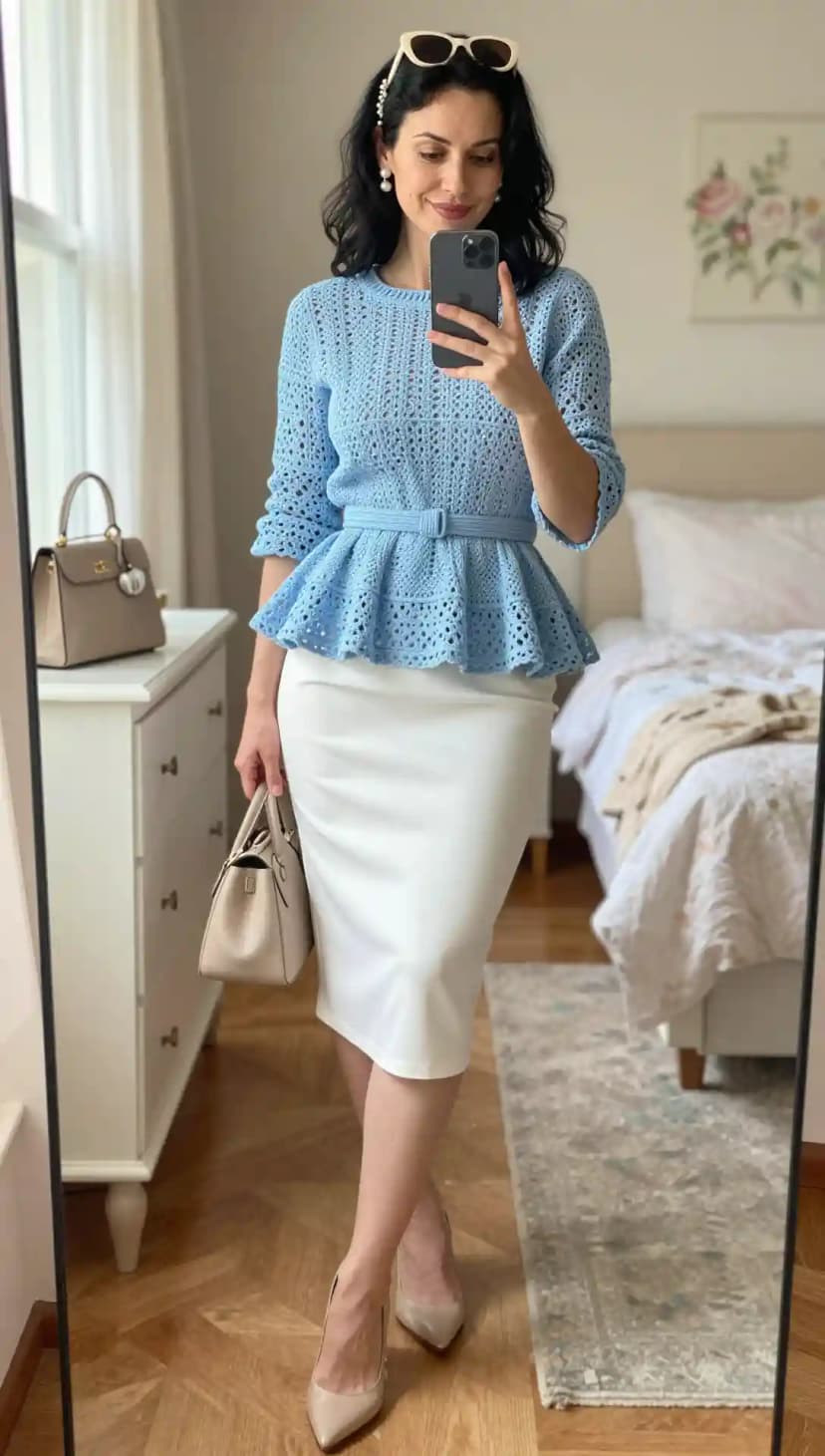 Sky Blue Peplum Crochet Top + White Satin Pencil Skirt