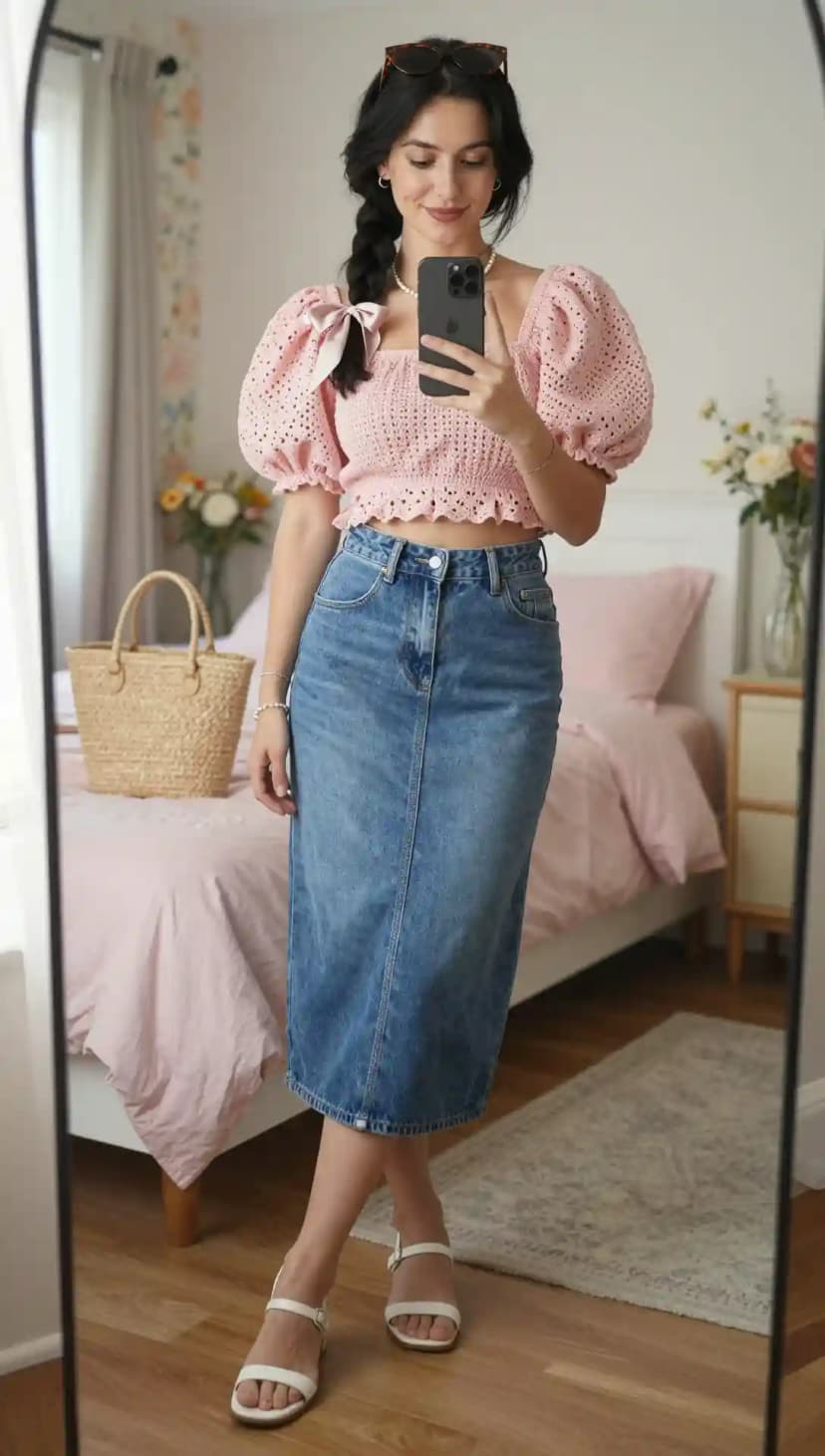Pink Puff-Sleeve Crochet Crop + Denim Midi Skirt