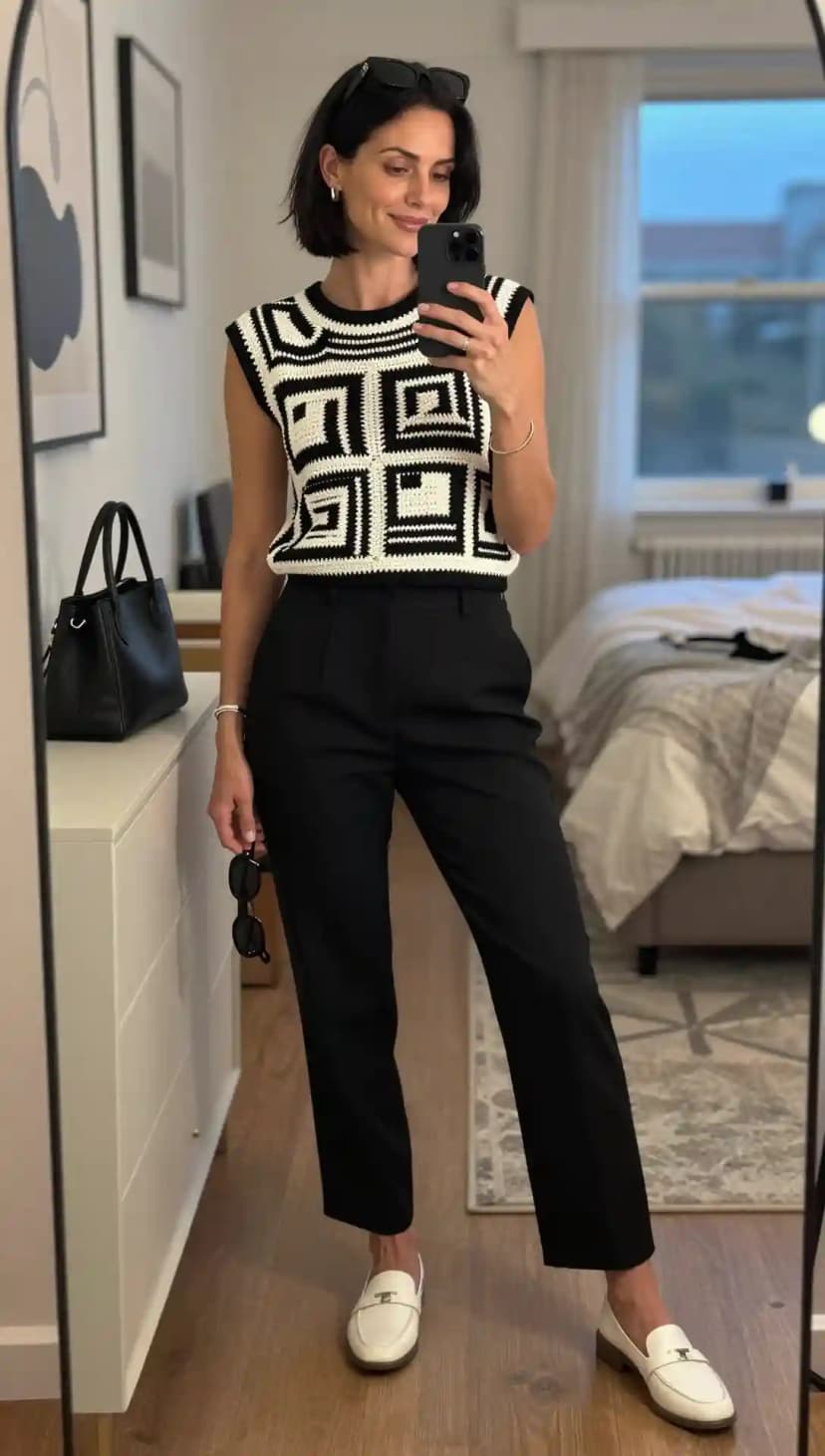 Geometric Black & White Crochet Top + Black Trousers