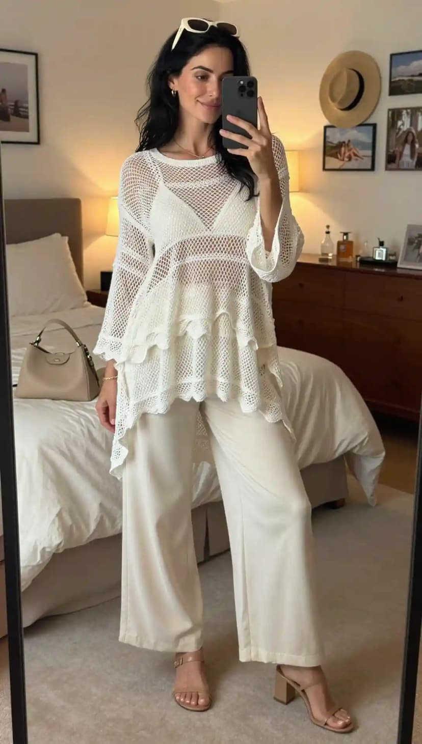 Sheer White Crochet Tunic + Flowy Cream Trousers