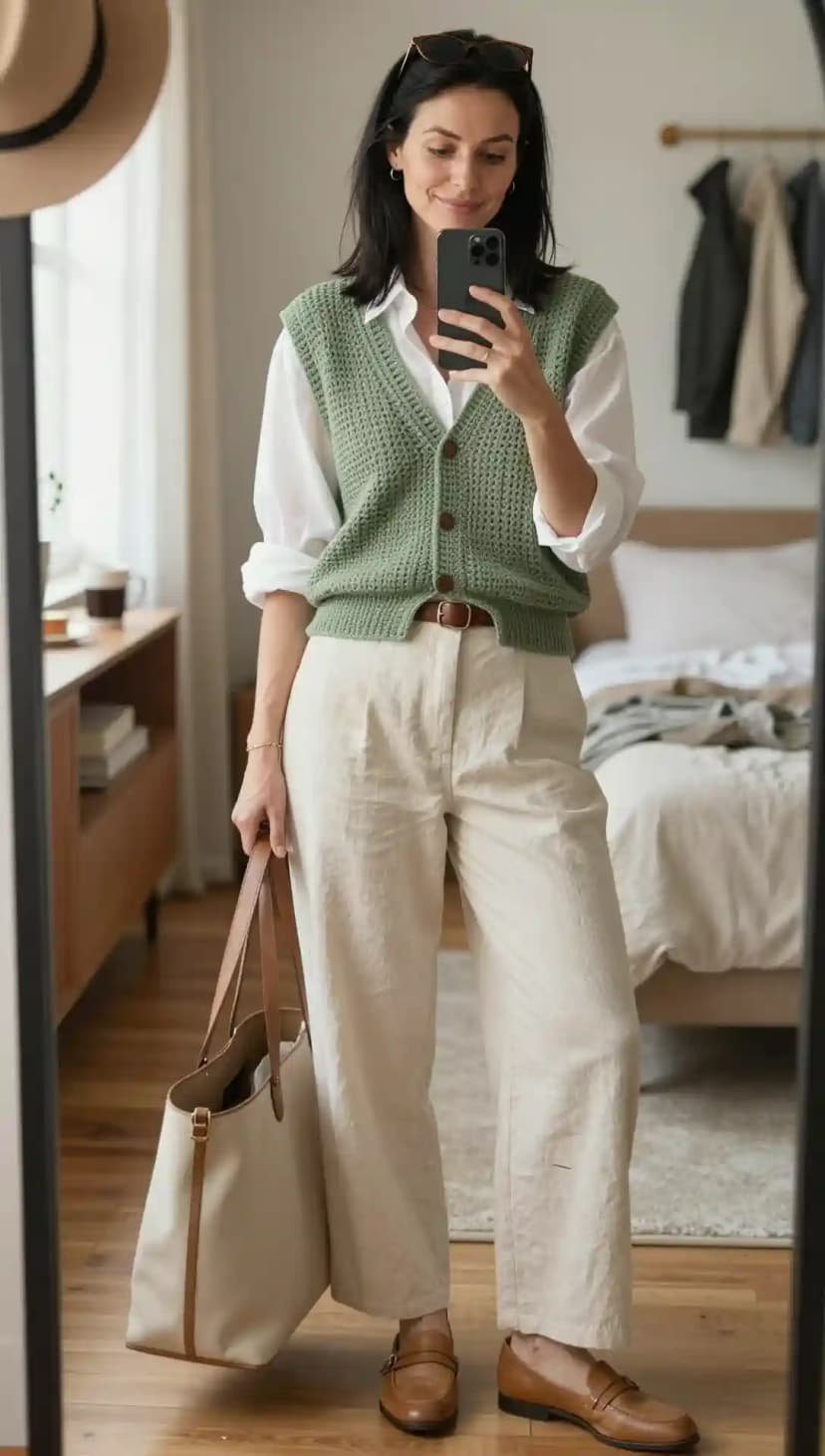 Sage Crochet Vest Styled for Work with Tote Bag