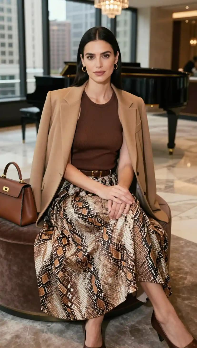 Brown Ribbed Tank Top + Snake Print Midi Skirt + Camel Blazer