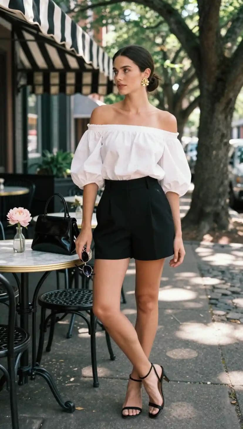 Off-the-Shoulder White Blouse + High-Waisted Black Shorts + Black Strappy Heels
