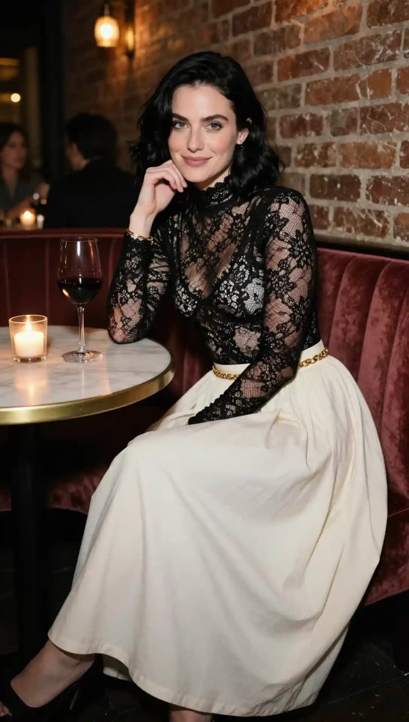 Black Lace High Neck Top + Cream Full Skirt + Gold Chain Belt