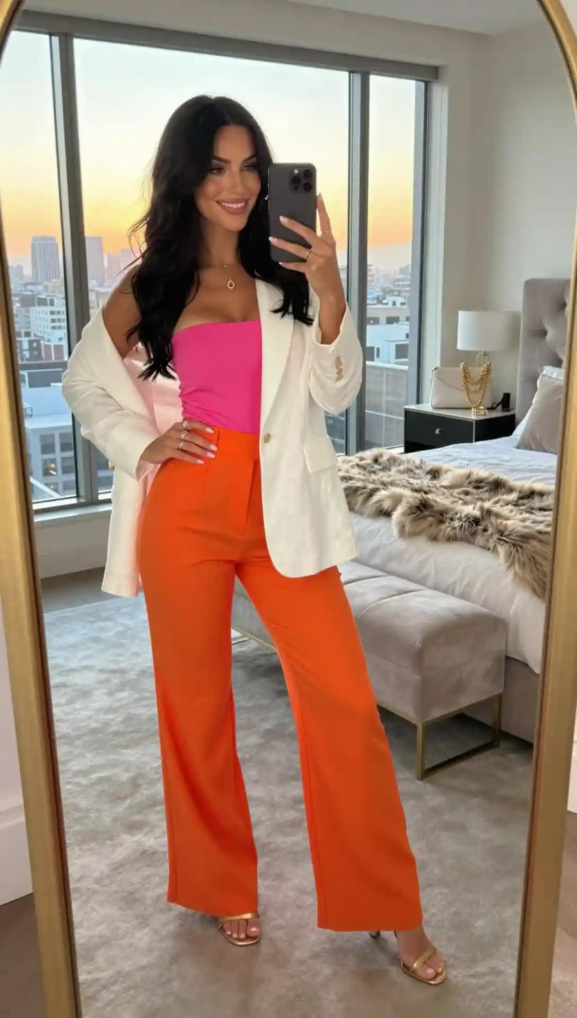 Hot Pink Strapless Top + Orange Wide-Leg Trousers + White Linen Blazer