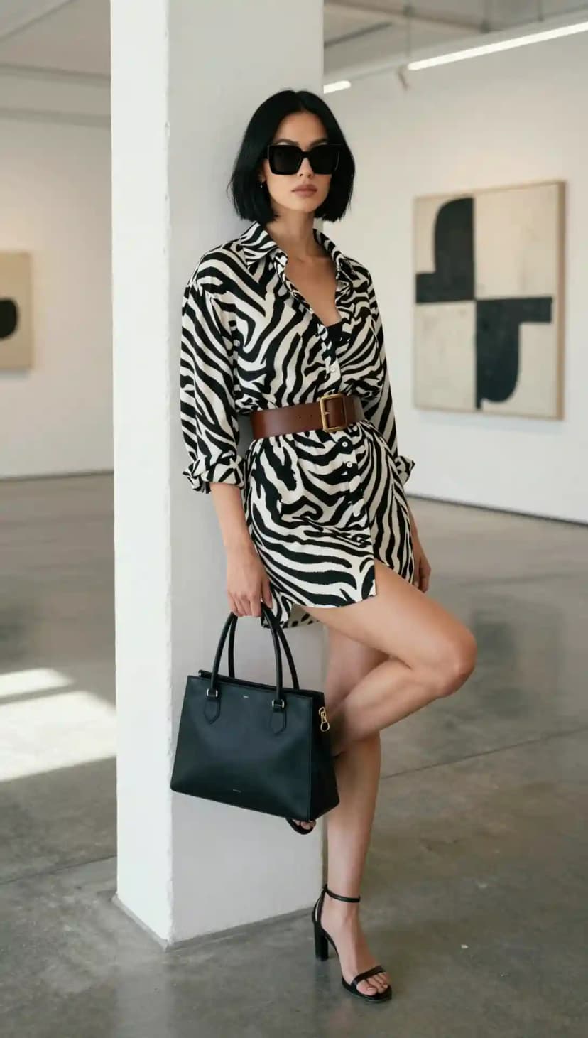 Zebra Print Shirt Dress + Brown Belt + Black Handbag + Black Strappy Heels