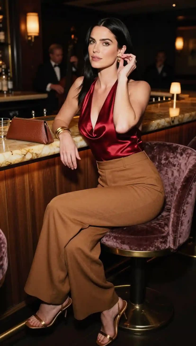 Red Satin Halter Top + Brown Wide-Leg Trousers