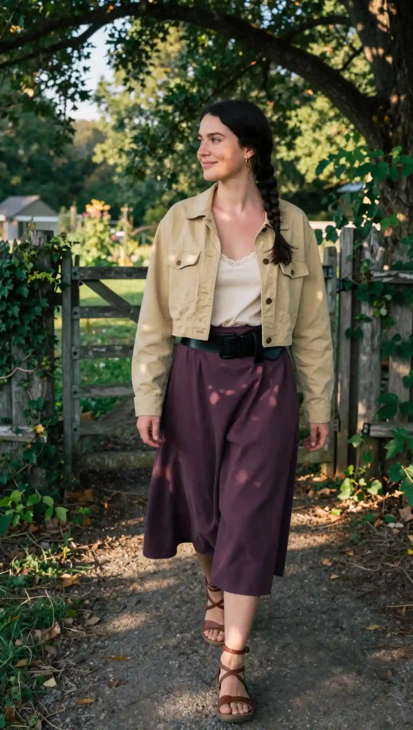 Tan Cropped Jacket + Cream Lace Trim Camisole + Plum Midi Skirt + Black Belt + Brown Strappy Sandals