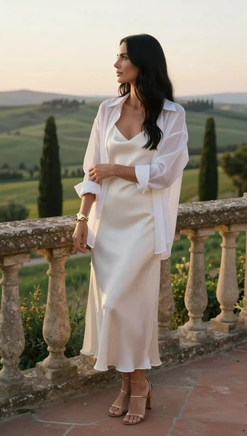 White Slip Dress + White Oversized Shirt + Gold Strappy Heels