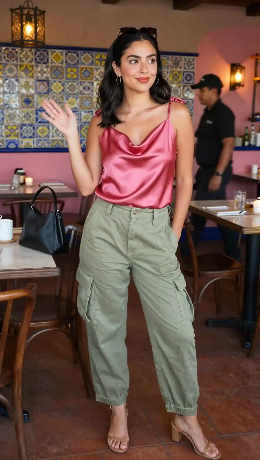 Pink Satin Cami + Olive Cargo Pants + Tan Strappy Heels